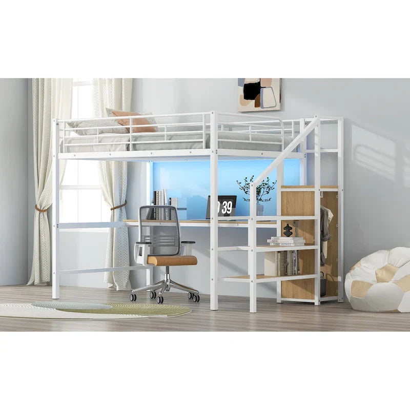 Complete Loft Bed Set with Desk, Storage Staircase, Compact Wardrobe, and LED Lighting - image 25