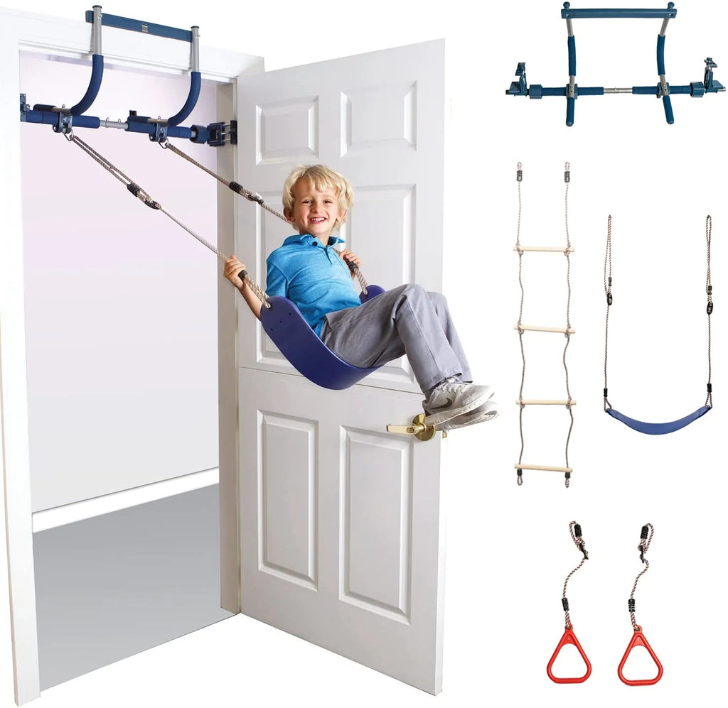 6 Piece Indoor Doorway Gym Set for Kids – Indoor Swing for Kids Includes Kids Swing Chair, Rings, Hanging Trapeze, Ladder, Swinging Rope & Pullup Bar - image 1