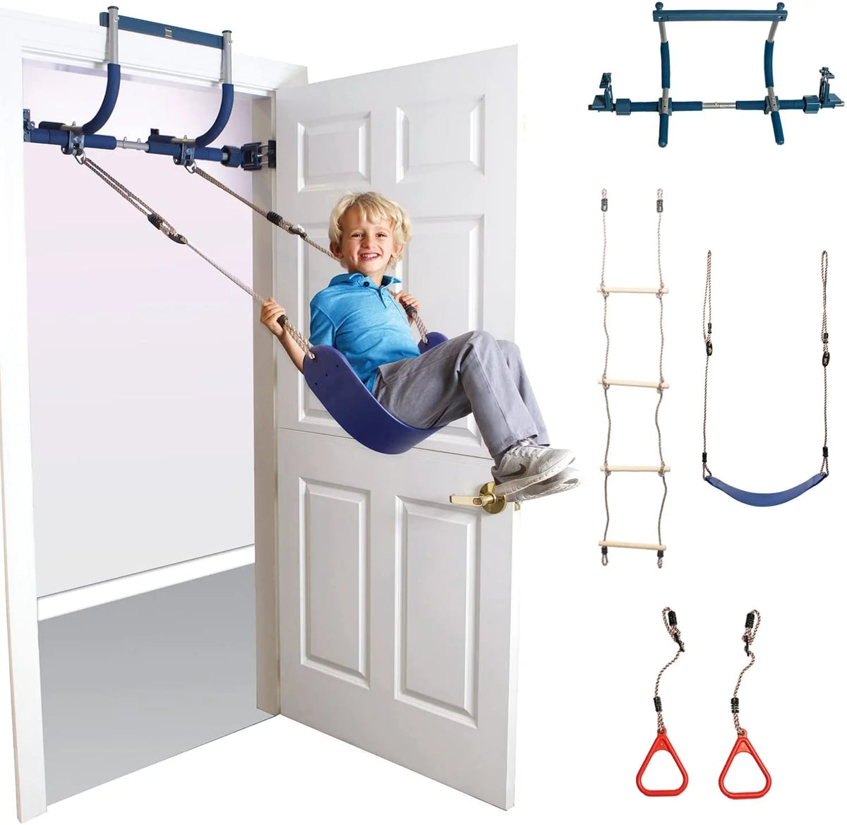 6 Piece Indoor Doorway Gym Set for Kids – Indoor Swing for Kids Includes Kids Swing Chair, Rings, Hanging Trapeze, Ladder, Swinging Rope & Pullup Bar - image 1