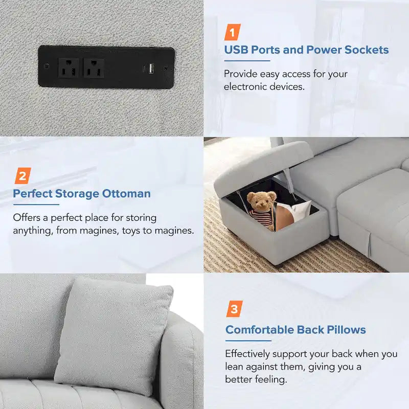 82.6" L-Shaped Sectional Sofa Bed with Pull-Out Feature, USB Ports, Power Sockets, and Movable Storage Ottoman - Bei - image 10