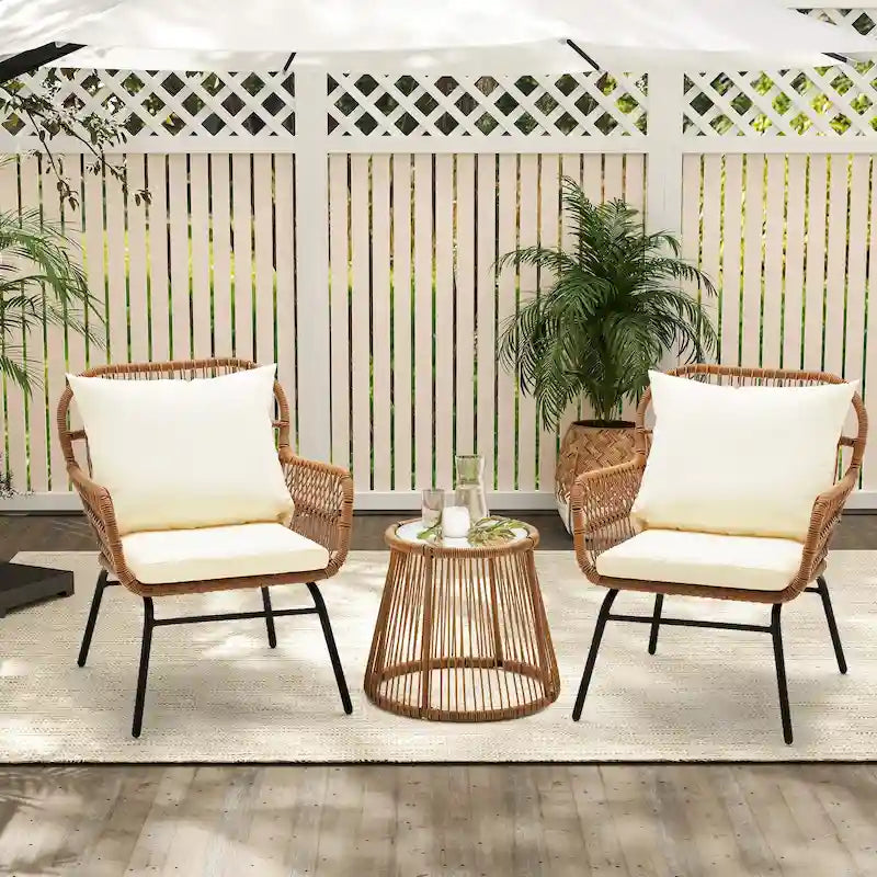 3-Piece Patio Conversation Bistro Set, Outdoor Rattan Furniture Set with Glass Table & 2 Wide Armchairs, Seat Cushions - image 2