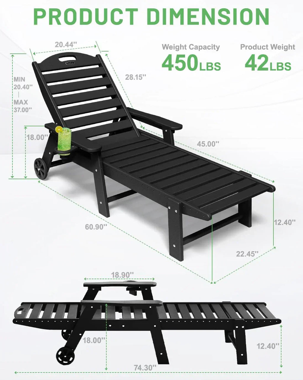 Lounge Chair Outdoor, Chaise Lounge, HDPE 6-Position Outdoor Chaise Lounge, Patio Lounge Chair with Wheels & Cup Holder for Pool Poolside Deck Backyard, Teak - image 60