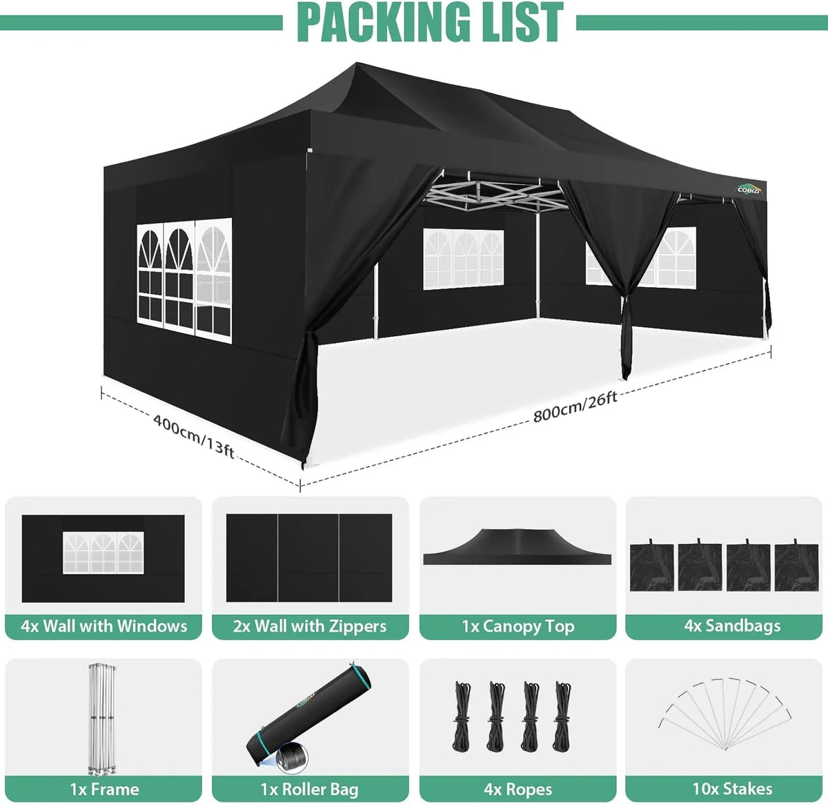COBIZI 10x20 Heavy Duty Pop up Canopy Tent with 6 sidewalls Easy Up Commercial Outdoor Canopy Wedding Party Tents for Parties All Season Wind & Waterproof Gazebo with Roller Bag,Black(Frame Thickened) - image 220
