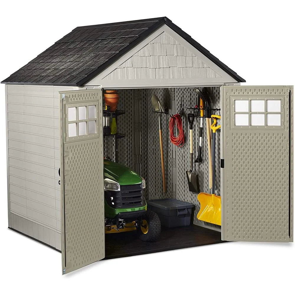 Rubbermaid 7×7 Ft Durable Weather Resistant Resin Outdoor Garden Storage Shed with Windows and Utility Hooks, Sand - image 6