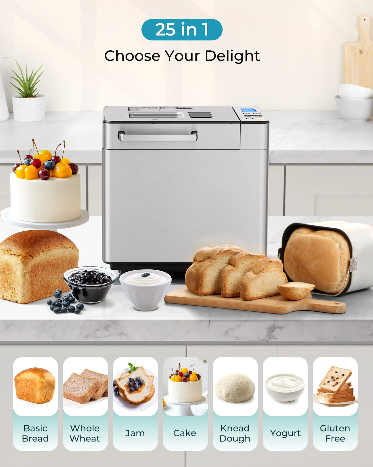 Simzlife 25-in-1 Bread Maker Machine, 2LB Capacity for Dough & Bread with Automatic Fruit and Nut Dispenser, Stainless Steel Construction - image 2