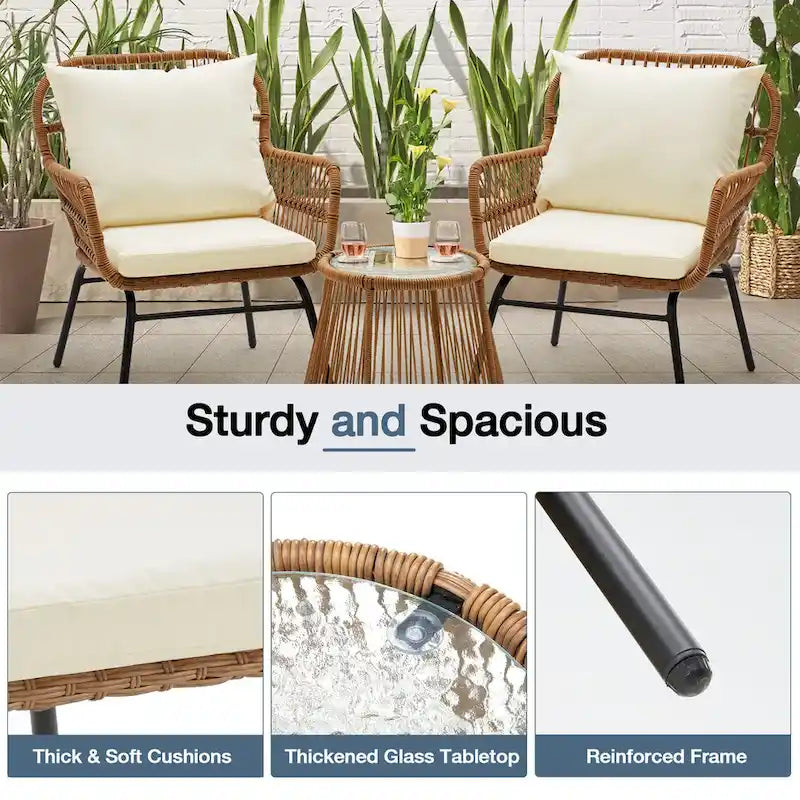 3-Piece Patio Conversation Bistro Set, Outdoor Rattan Furniture Set with Glass Table & 2 Wide Armchairs, Seat Cushions - image 21