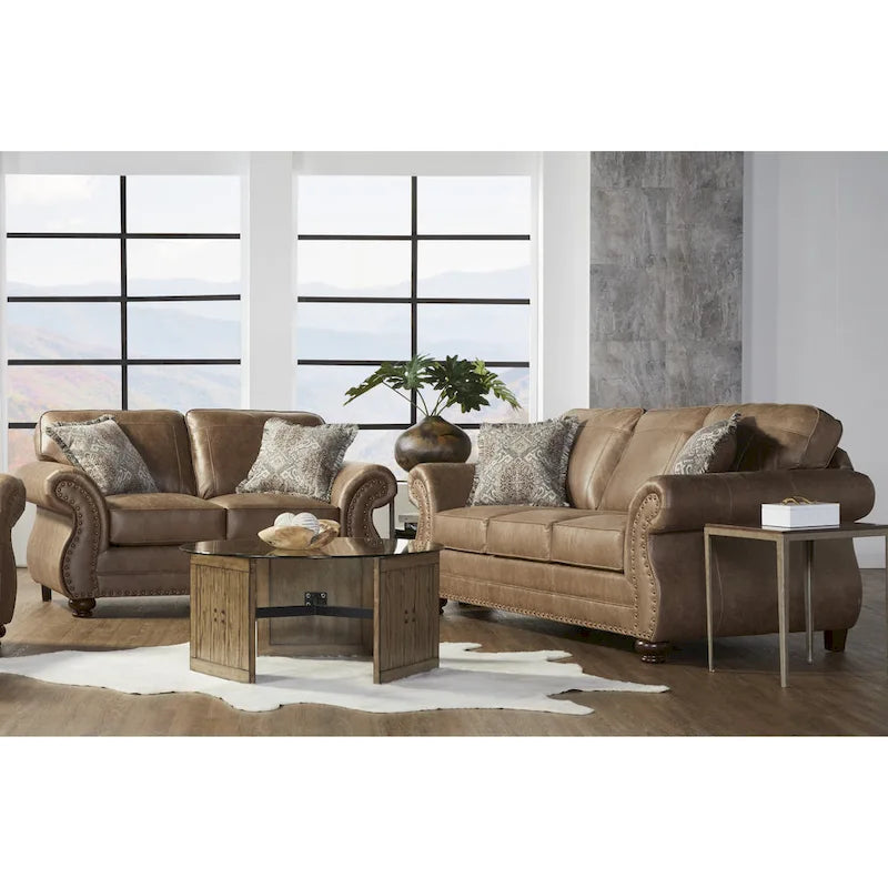 Roundhill Furniture Leinster Brown Fabric Sofa and Loveseat with Nailhead Trim - image 1