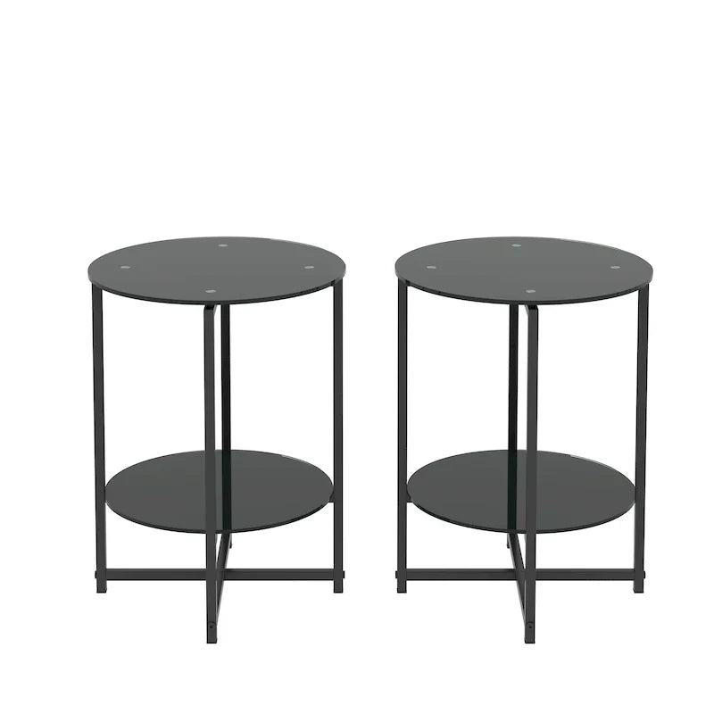 Black 2-Piece Tempered Glass End Table Set - Round Coffee Table for Bedroom, Living Room, and Office - image 2