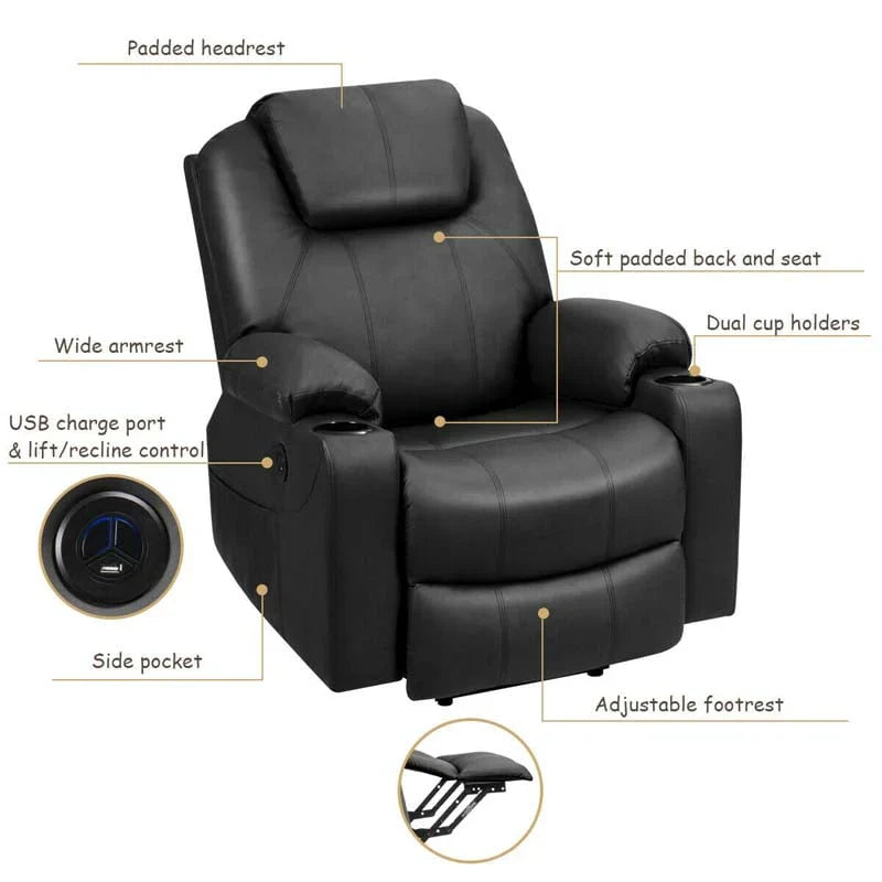 Electric Power Lift Recliner, Leather Massage Reclining Sofa, Elderly Lift Chair with Lumbar Heating & 8 Vibrating Nodes, Cup Holder, USB Port - image 22