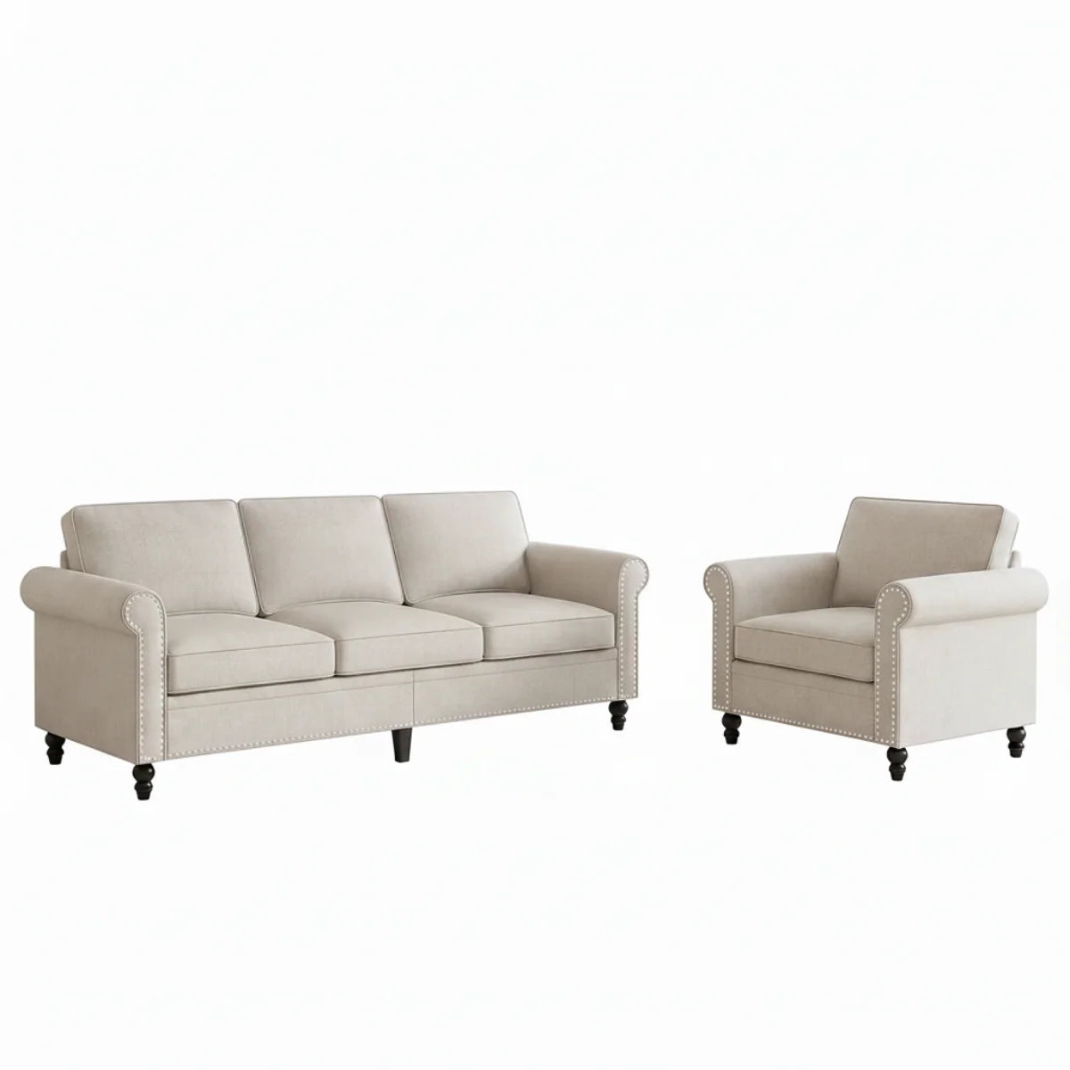 Beige Linen Sofa Set With Nailhead Trim Design - image 1