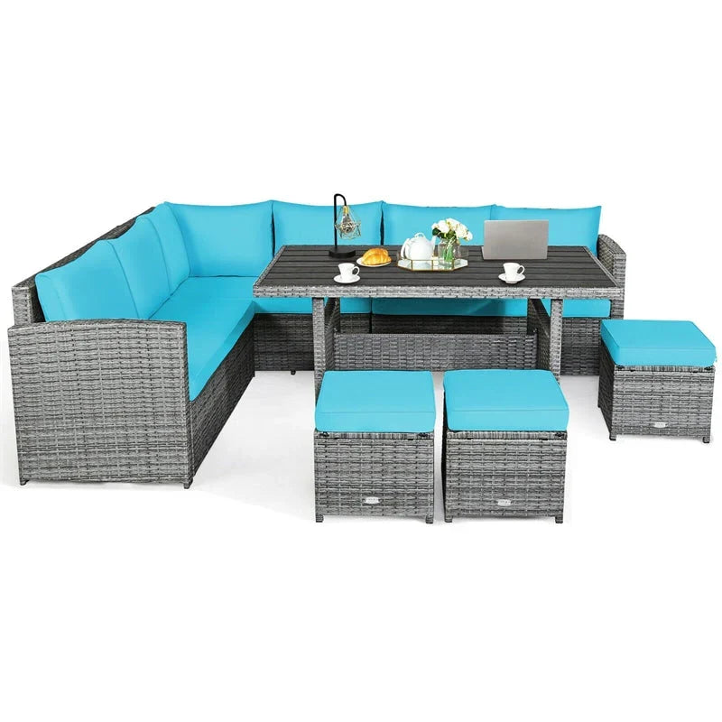 7 Pcs Rattan Patio Dining Furniture Sectional Sofa Set with Dining Table, Ottomans & Cushions - image 38