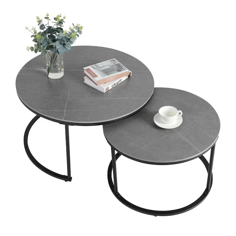 Round Sintered Stone Top Nesting Coffee Table with Black Metal Frame - 31.5 x 17.7 Inches - image 5