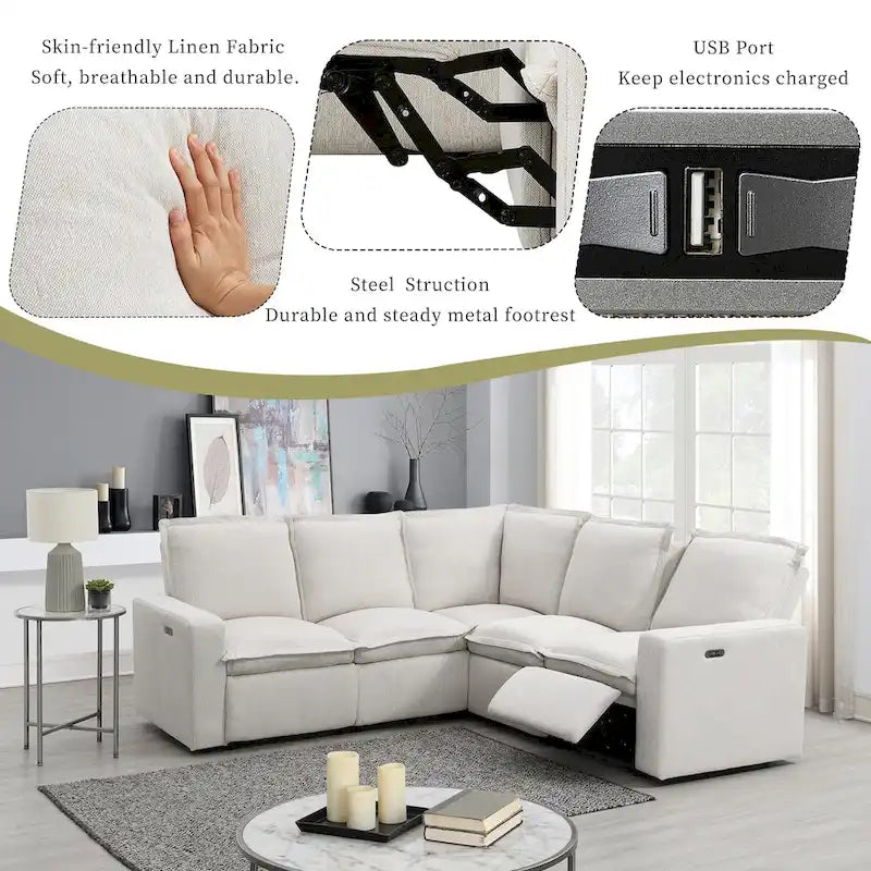 Linen Upholstered Power Recliner L-Shaped Sectional Sofa with USB Port - Soft Home Theater Seating for Living Room - image 6