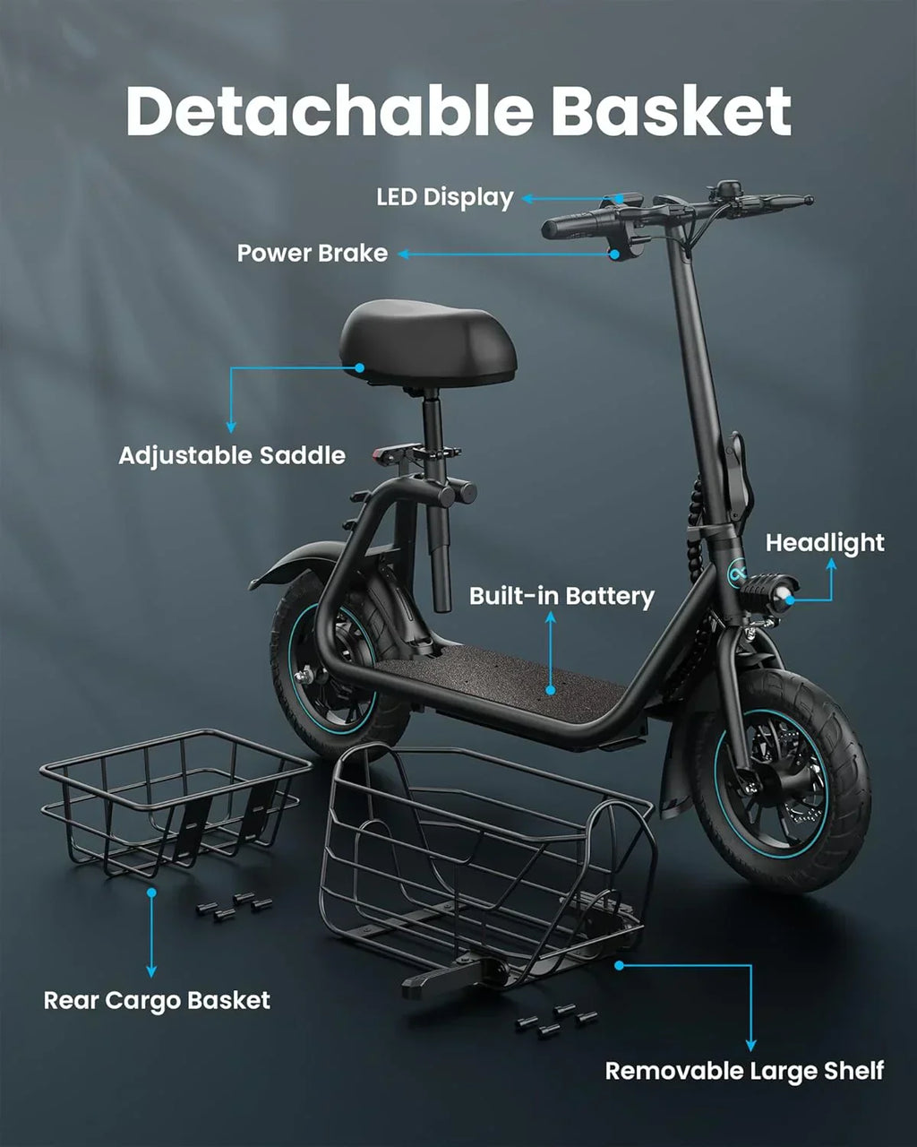 Gyroor Adult Electric Scooter with Large Center Basket 20 Mile Range Foldable and Seat - image 12