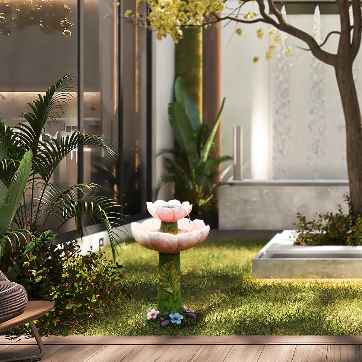 Luxenhome Solar Powered Pink Flower 2 - Tier Resin Birdbath Fountain with Lights - image 4