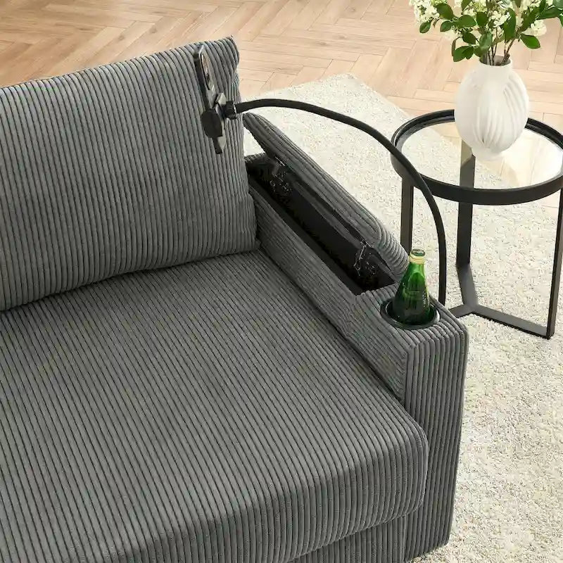 102 Corduroy Contemporary 3-Seater Sofa with Deep Seating, Cup Holders, and Phone Holder - image 12