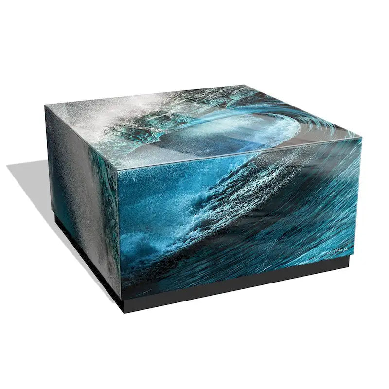 Sapphire Sea Beveled Art Glass Cocktail Table with Black Plinth Base - Reverse Printed Design - image 1