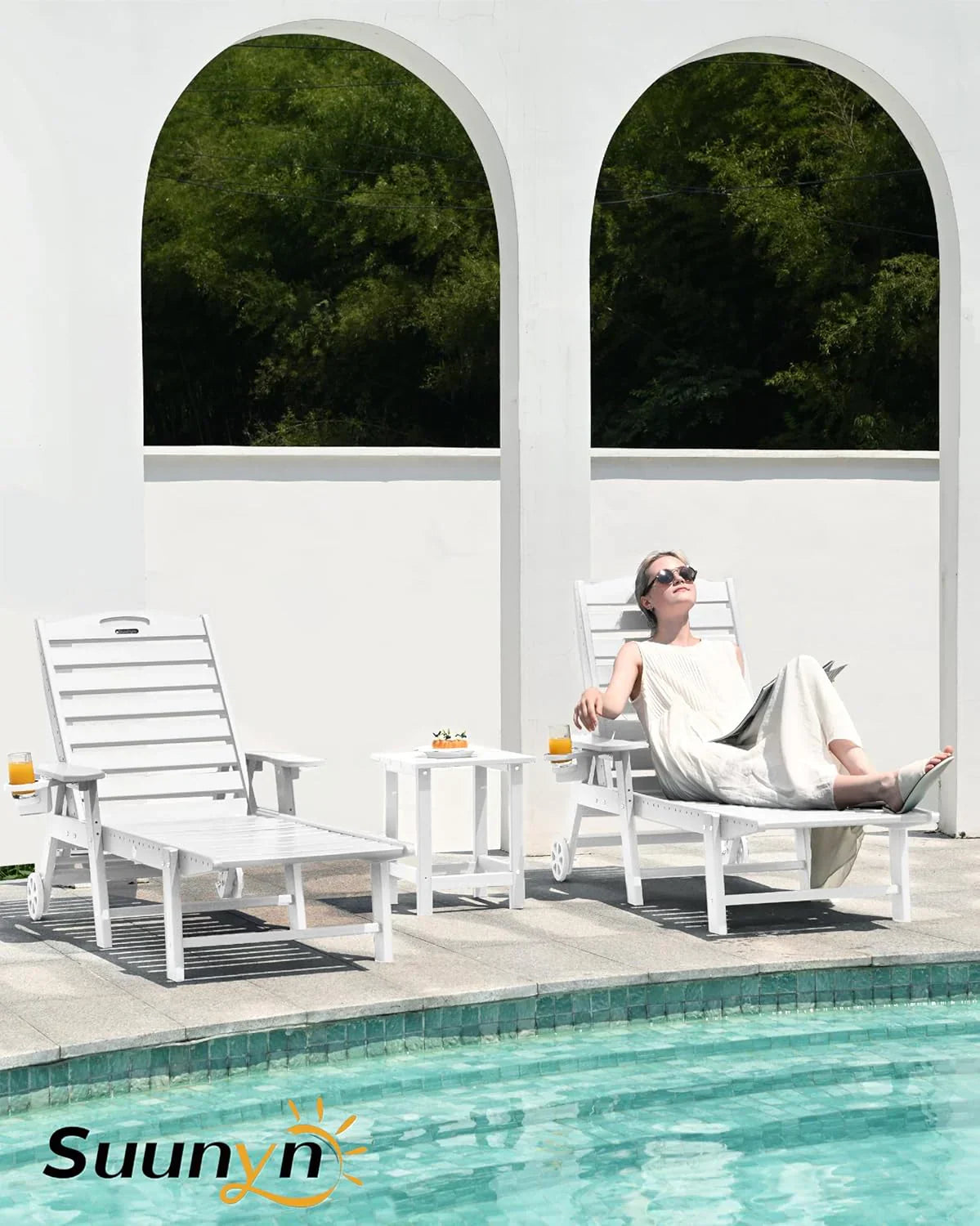 Lounge Chair Outdoor, Chaise Lounge, HDPE 6-Position Outdoor Chaise Lounge, Patio Lounge Chair with Wheels & Cup Holder for Pool Poolside Deck Backyard, Teak - image 67
