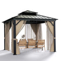 10x10 Hardtop Gazebo with double metal roof, aluminum frame, net, and curtain. All-weather, ideal for patio, deck, garden, backyard. Khaki. - image 1