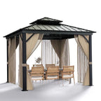 10x10 Hardtop Gazebo with double metal roof, aluminum frame, net, and curtain. All-weather, ideal for patio, deck, garden, backyard. Khaki. - image 1