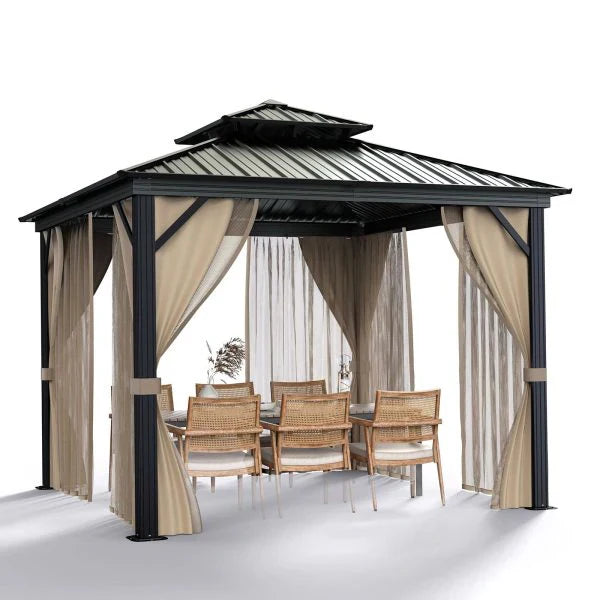 10x10 Hardtop Gazebo with double metal roof, aluminum frame, net, and curtain. All-weather, ideal for patio, deck, garden, backyard. Khaki. - image 1