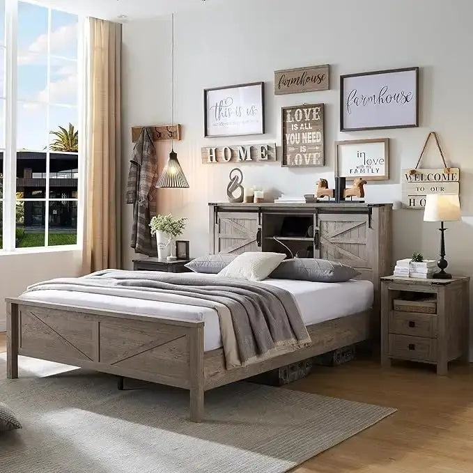 Farmhouse Platform Bed with Storage Headboard Sliding Doors and Charging Station - image 2
