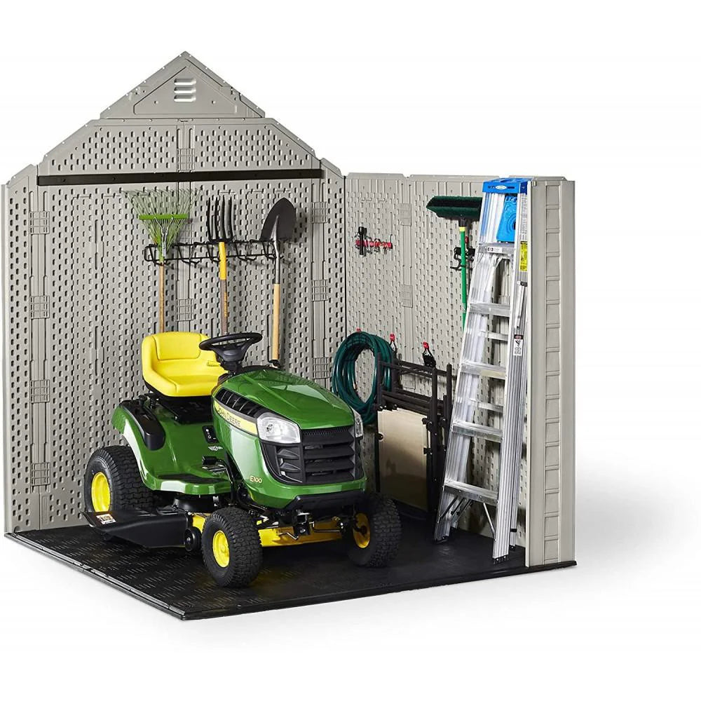 Rubbermaid 7×7 Ft Durable Weather Resistant Resin Outdoor Garden Storage Shed with Windows and Utility Hooks, Sand - image 8