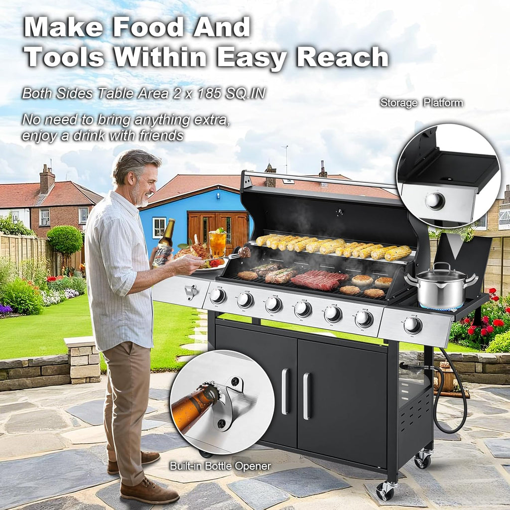 Upgraded 4 Burner BBQ Propane Gas Grill with Cast Iron Grates & Side Stove, 44,000 BTU Stainless Steel Burner Barbecue Grill for Patio, Camping, Outdoor Cooking. - image 14