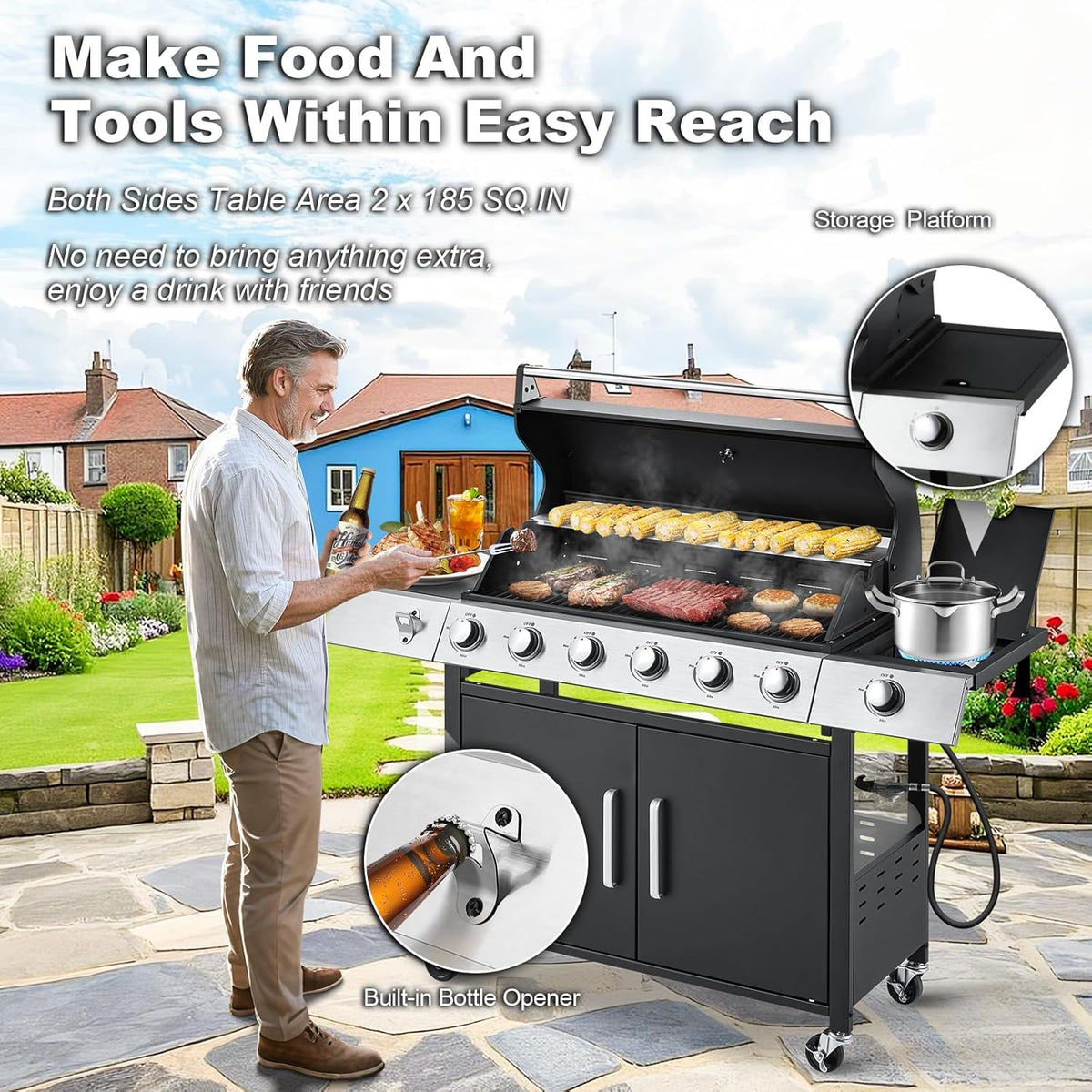 Upgraded 4 Burner BBQ Propane Gas Grill with Cast Iron Grates & Side Stove, 44,000 BTU Stainless Steel Burner Barbecue Grill for Patio, Camping, Outdoor Cooking. - image 14