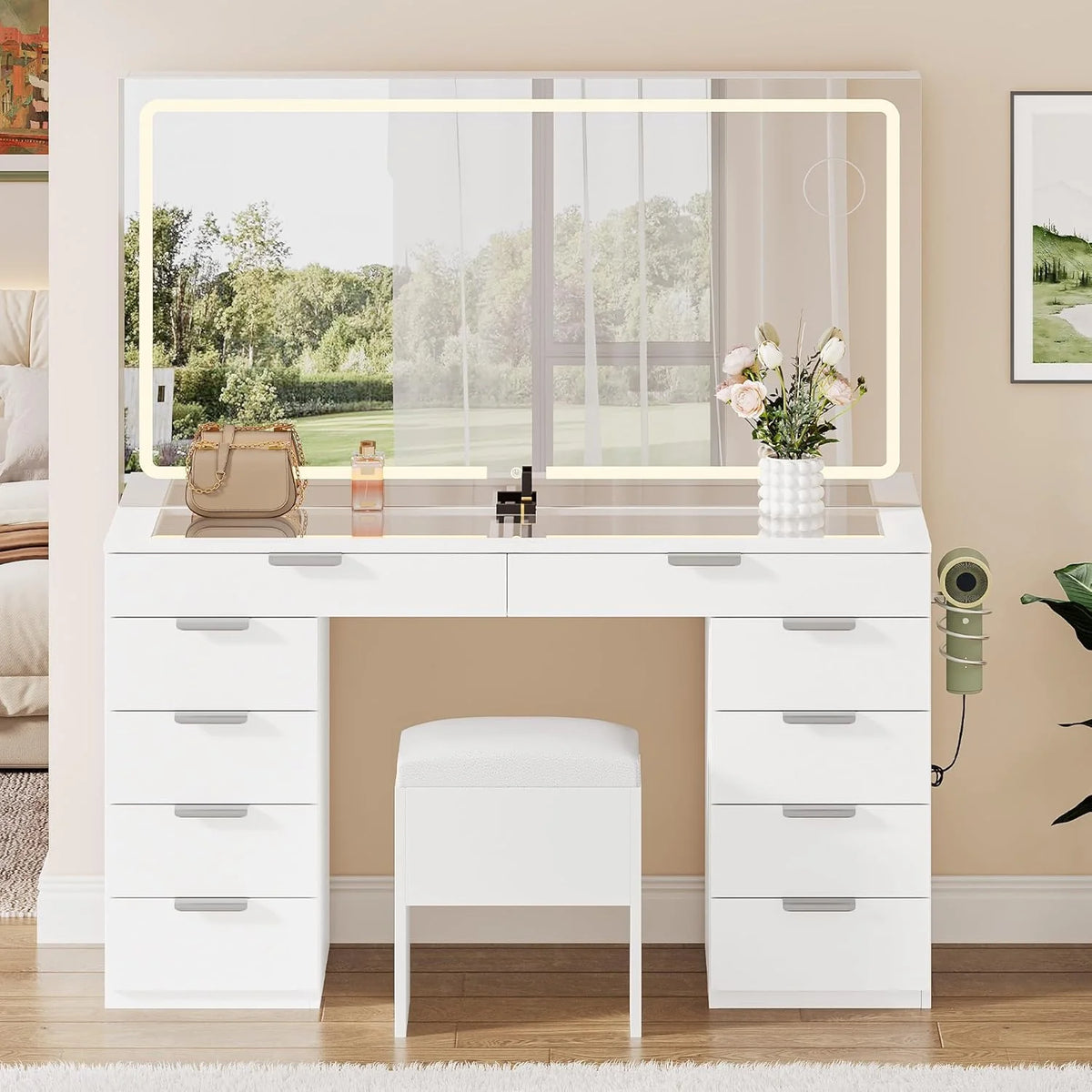 Vanity Set with LED Mirror, 10 Drawers, Stool Included - image 1