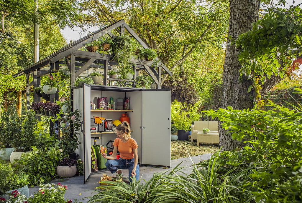 Keter Premier Tall Vertical Durable Resin Outdoor Storage Shed With Floor and Locking Double Doors, Grey - image 9