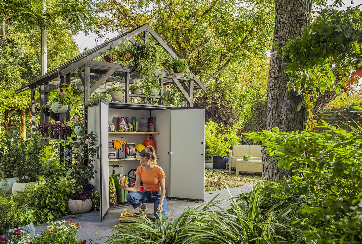 Keter Premier Tall Vertical Durable Resin Outdoor Storage Shed With Floor and Locking Double Doors, Grey - image 9
