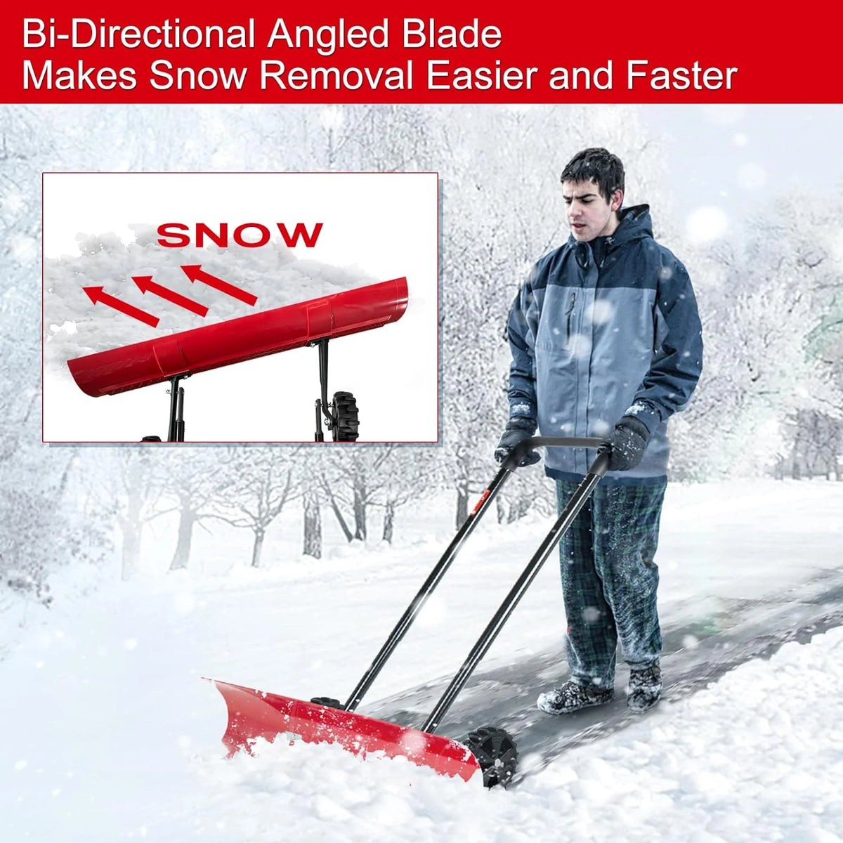 38 Inch Snow Shovel for Driveway,Bi-Direction Heavy Duty Snow Pusher with Wheels and Angled Blade for Efficient Snow Removal, Back Saver Snow Plow for Dorway Sidewalk - Big Wheels - image 3