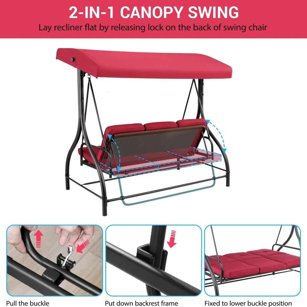 Pirecart 3 Person Patio Porch Swing Outdoor Converting Swing Glider Hammock with Adjustable Canopy, Cushions, Red - image 8