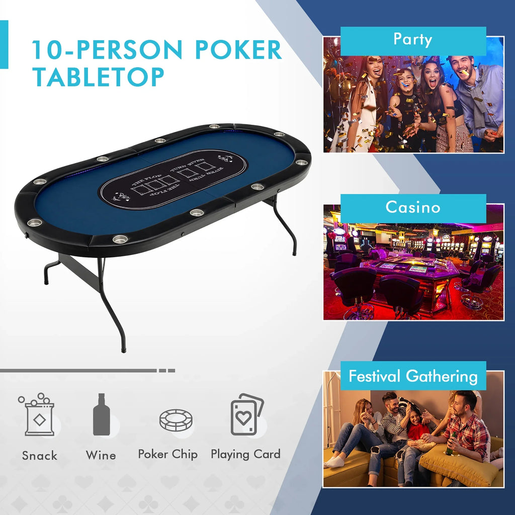Costway Foldable, USB Ports, LED Lights 10 Player Poker Table, Blue/Black - image 6