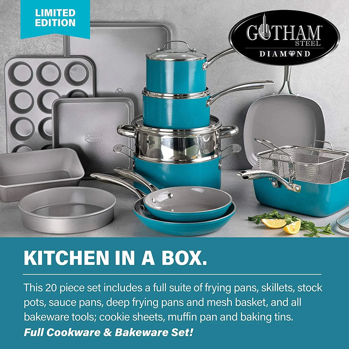 Gotham Steel Nonstick Pots and Pans 20 Piece Kitchen Ceramic Cookware Set Bakeware Cooking Frying Skillet Sauce Pan Aqua Blue - image 2