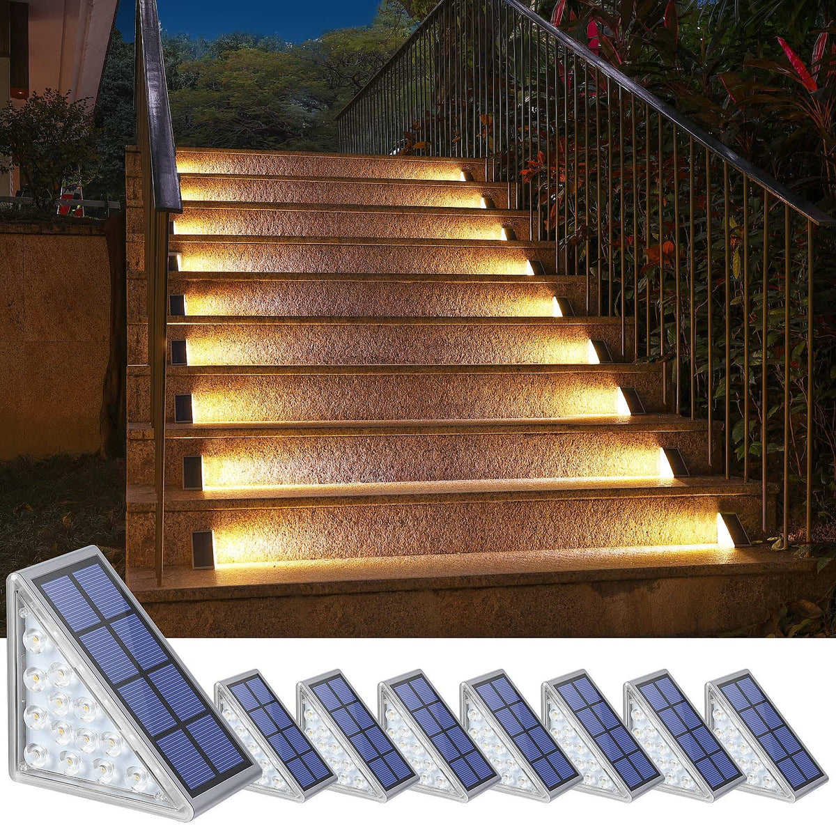 NIORSUN Solar Step Lights, 8 Pack Outdoor Stair Lights Warm White Triangle Solar Deck Lights IP67 Waterproof Auto on Off Decoration Lights for Stair - image 1