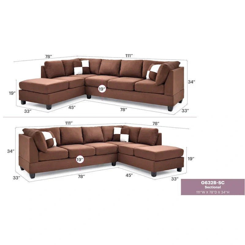 Malone 111-Inch Suede 4-Seater Sectional Sofa with Two Throw Pillows - Dimensions: 111L x 78W x 34H - image 24