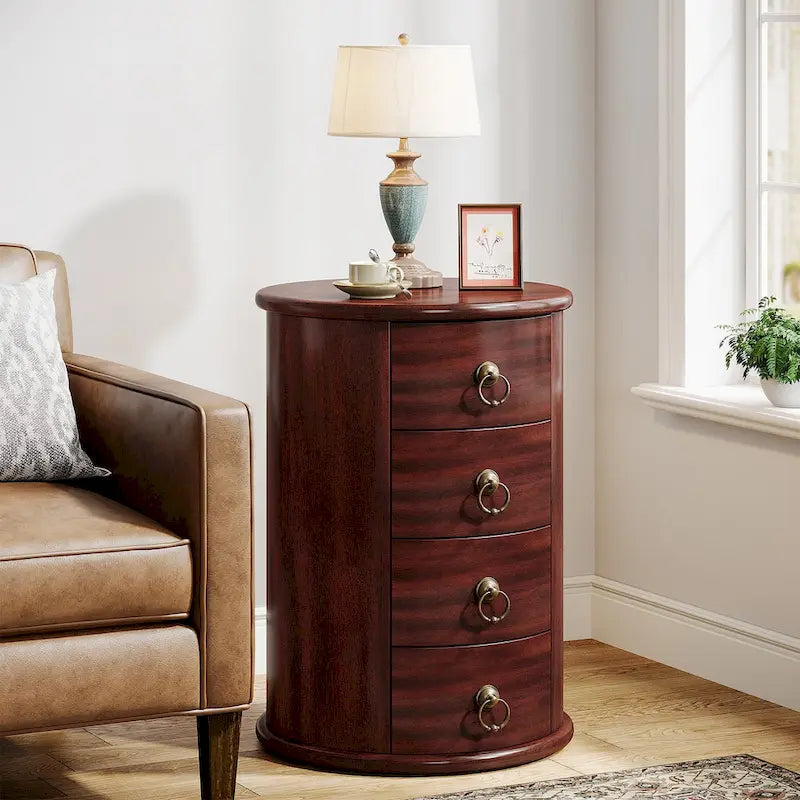 No Assembly Solid Wood End Table, Vintage Round Side Drawers Table - image 9