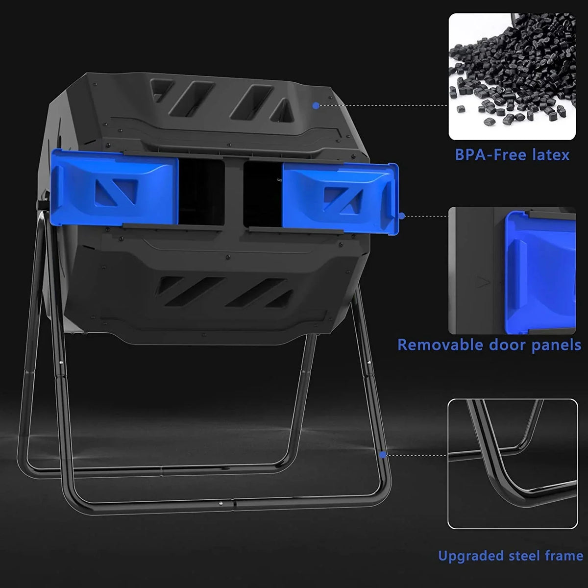 Large Compost Tumbler Bin Dual Compartment Better AirCirculation Efficient Compost BPA Free Sturdy Steel Frame 43Gallon (2 21.5Gal) Blue Door - image 4