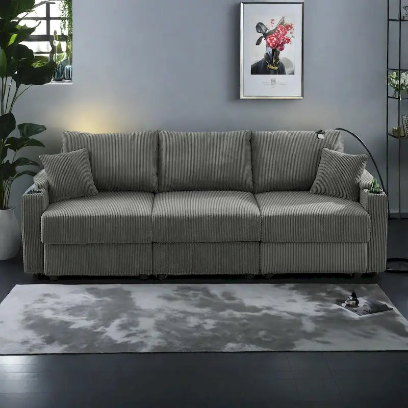 102 Corduroy Contemporary 3-Seater Sofa with Deep Seating, Cup Holders, and Phone Holder - image 4