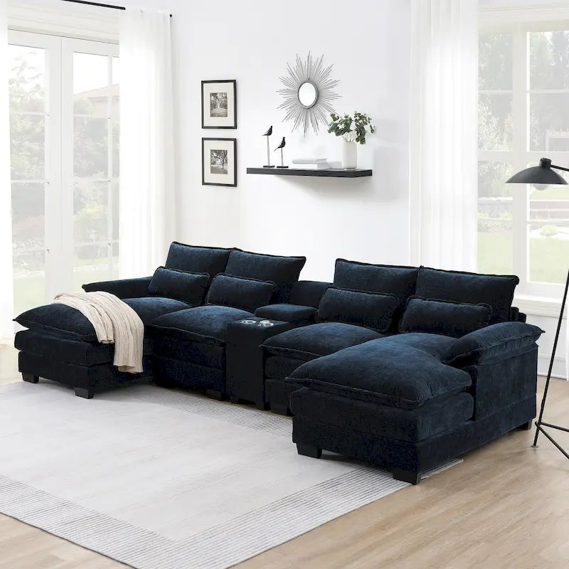 123*55 Contemporary U-Shaped Sofa with Console, Cup Holders, USB Ports, Upholstered Sleeper Couch Set with Chaise - image 2