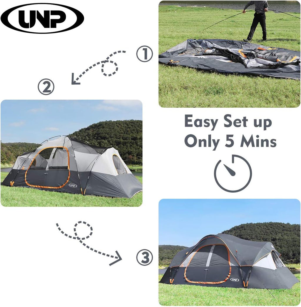 UNP Camping Tent 10-Person-Family Tents, Parties, Music Festival Tent, Big, Easy Up, 5 Large Mesh Windows, Double Layer, 2 Room, Waterproof, Weather Resistant, 18ft x 9ft x78in - image 44