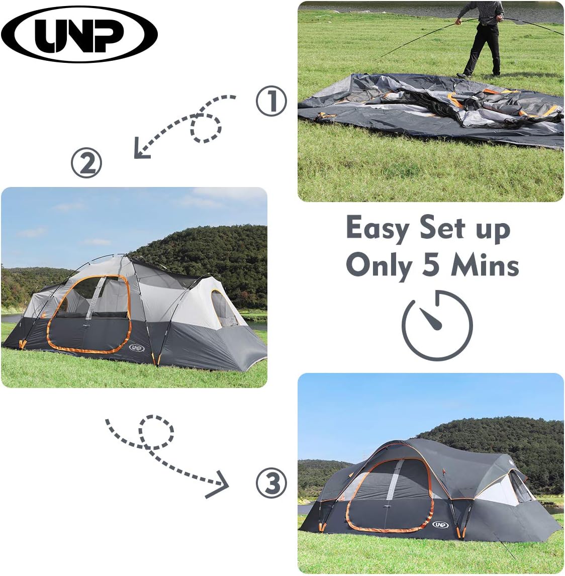 UNP Camping Tent 10-Person-Family Tents, Parties, Music Festival Tent, Big, Easy Up, 5 Large Mesh Windows, Double Layer, 2 Room, Waterproof, Weather Resistant, 18ft x 9ft x78in - image 44