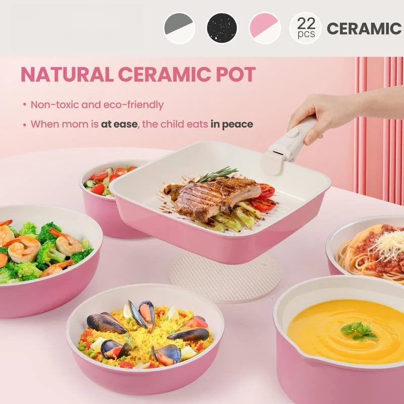 Non-Toxic Nonstick Ceramic 22 pcs pots and pans set complete Cookware Set with Lids,Detachable Handle,PFAS-Free,Dishwasher Oven Safe,Kitchen Outdoorfun Induction Compatible - image 10
