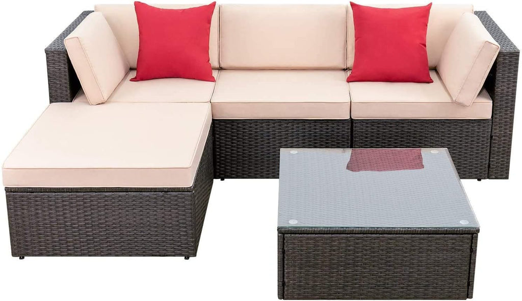 Devoko 5 Pieces Patio Furniture Sets All Weather Outdoor Sectional Patio Sofa Manual Weaving Wicker Rattan Patio Seating Sofas with Cushion and Glass Table(Beige) - image 1