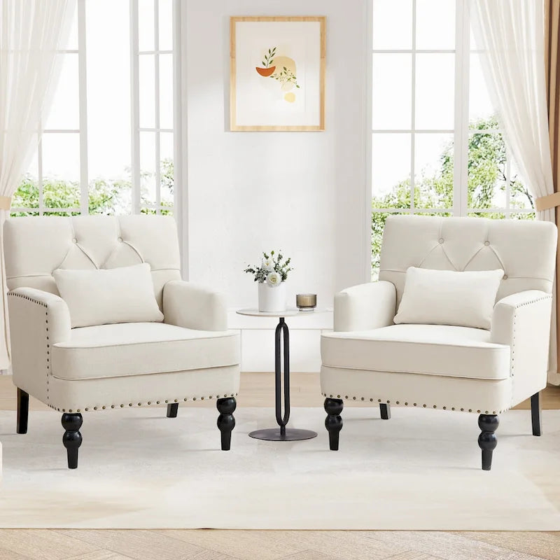 Set of 2 Arm Chair Upholstered Button Tufted Accent Chair with Lumbar Pillow Beige/ Grey/ Light Blue - image 22