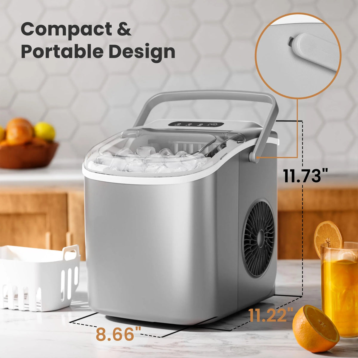 Crzoe Countertop Ice Maker Machine with Handle, 9 Bullet-Shaped Ice Cubes Ready in 6 Mins, 26Lbs/24H, Self-Cleaning Function with Ice Scoop and Basket for Home/Kitchen/Party (Grey) - image 6