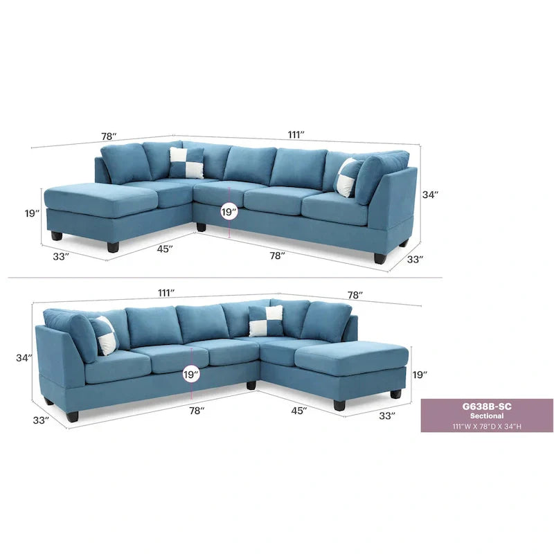 Malone 111-Inch Suede 4-Seater Sectional Sofa with Two Throw Pillows - Dimensions: 111L x 78W x 34H - image 42