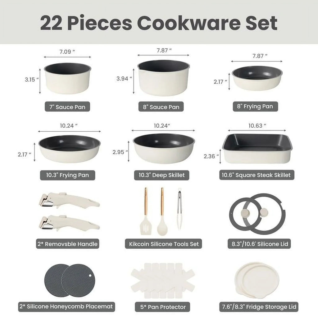 Non-Toxic Nonstick Ceramic 22 pcs pots and pans set complete Cookware Set with Lids,Detachable Handle,PFAS-Free,Dishwasher Oven Safe,Kitchen Outdoorfun Induction Compatible - image 5